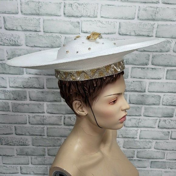 Vintage 80s 90s TIM CRAWFORD‎ White Straw Rhinestone Beaded Derby Cartwheel Hat main image 9